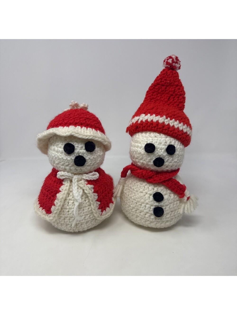 Handmade Vintage Crochet Snowman and Snowwoman Christmas Tabletop Decoration 7"
